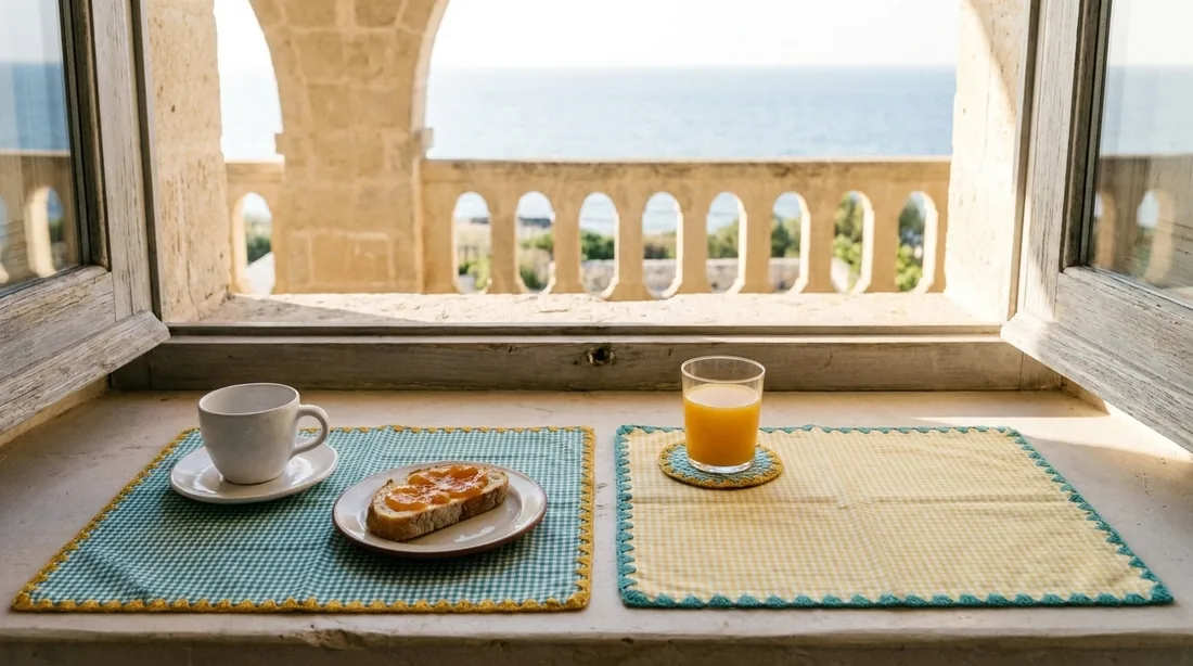 Gingham placemats with a crocheted zigzag edge, laid for breakfast at a stone window