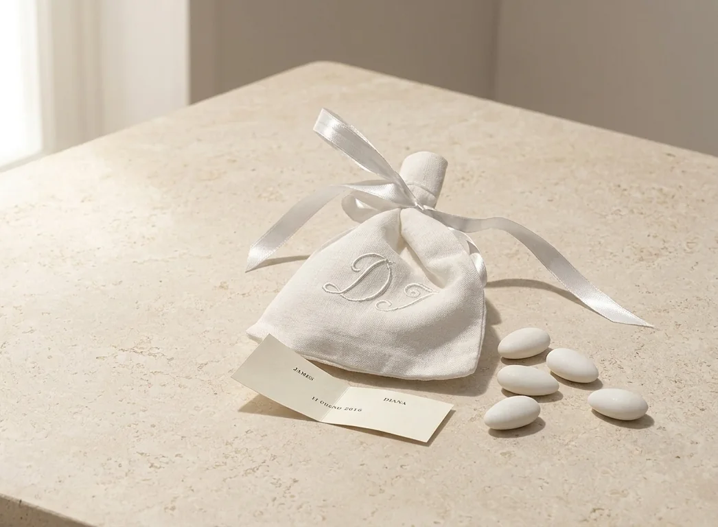 A white linen wedding favour with embroidered initials, a satin ribbon and sugared almonds