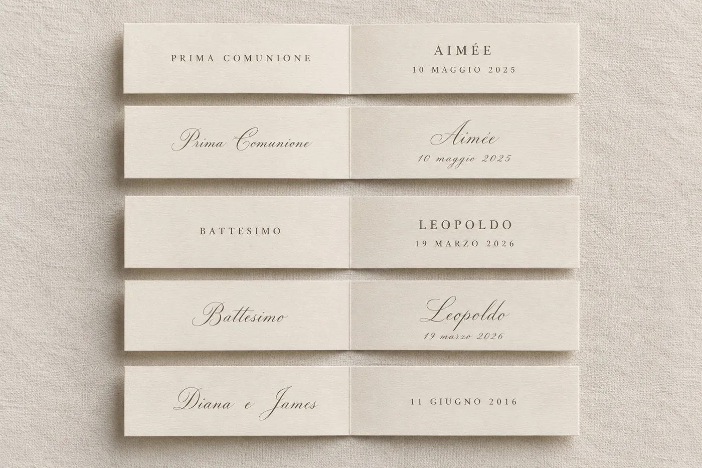 Folded ivory occasion notes printed with names and dates